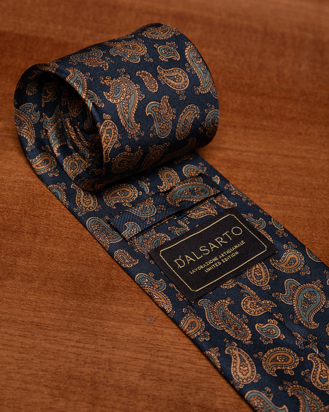 Navy Blue Tie with Light Blue and Gold Paisley Pattern