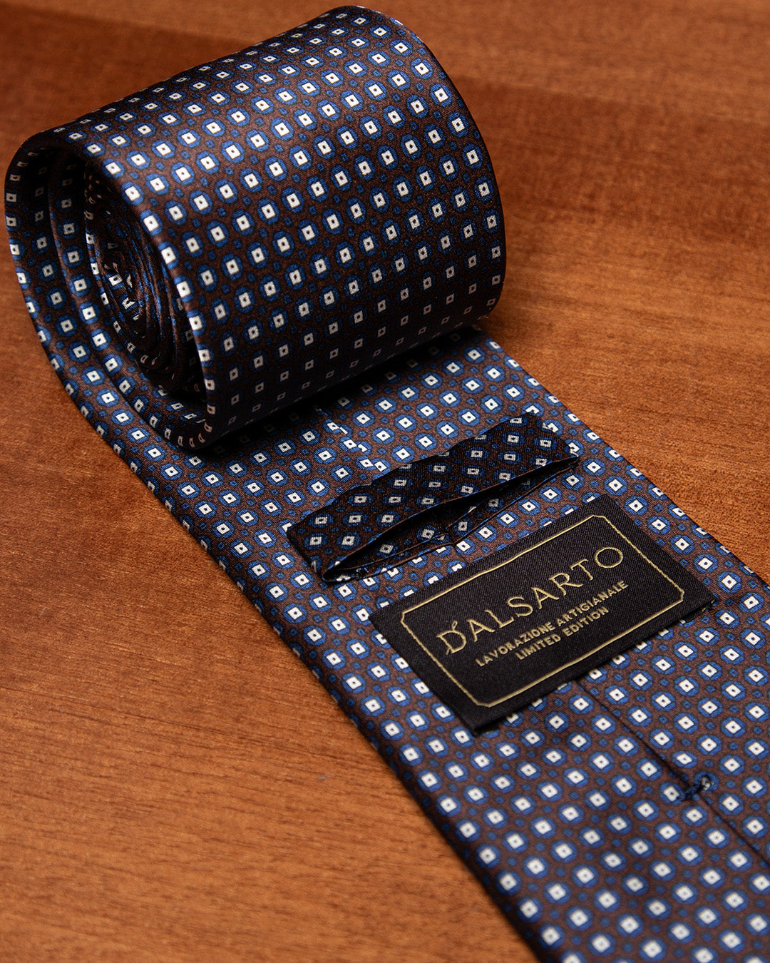 Brown and Blue Tie with Geometric Lattice Pattern