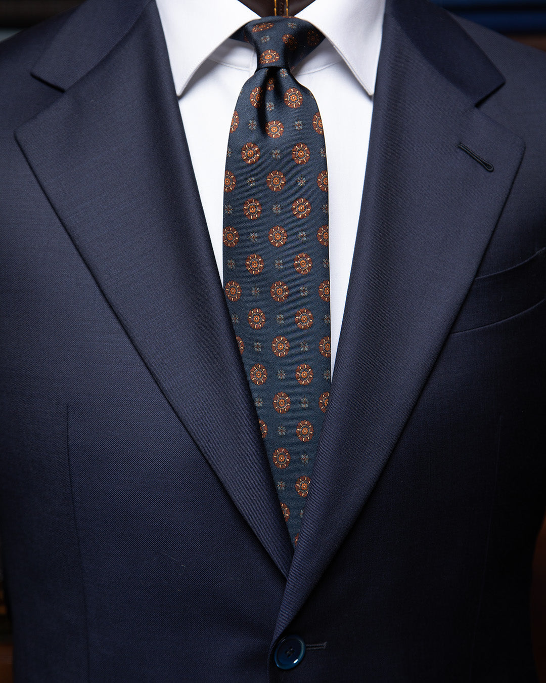 Cravatta Blu Antracite con Micro-Fiori Rame