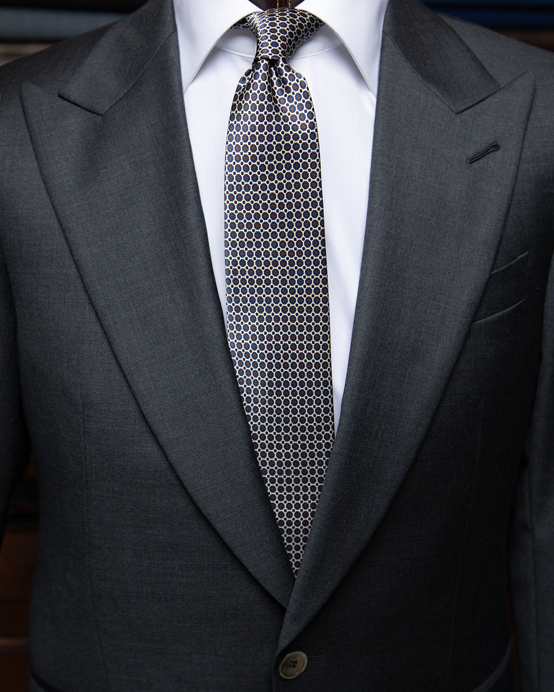 Cream and Blue Tie with Geometric Lattice Pattern