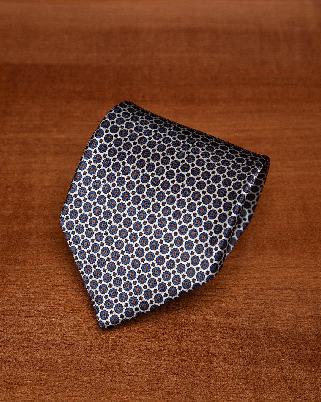 Cream and Blue Tie with Geometric Lattice Pattern