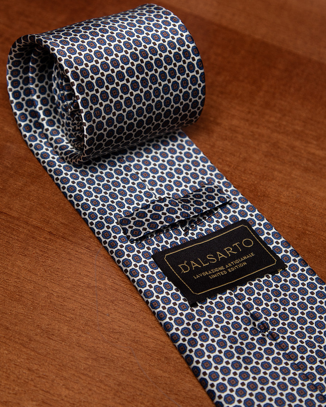 Cream and Blue Tie with Geometric Lattice Pattern