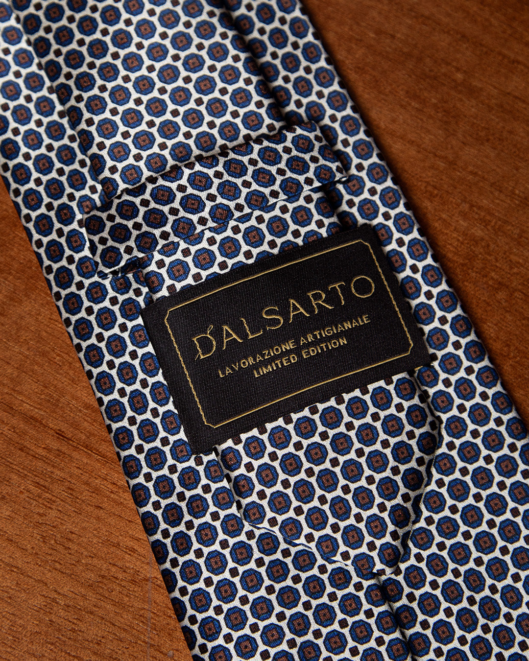 Cream and Blue Tie with Geometric Lattice Pattern