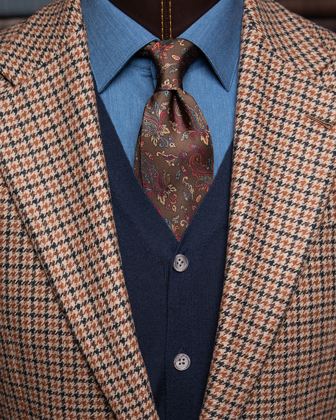 Brown Tie with Saffron and Ruby Floral Pattern