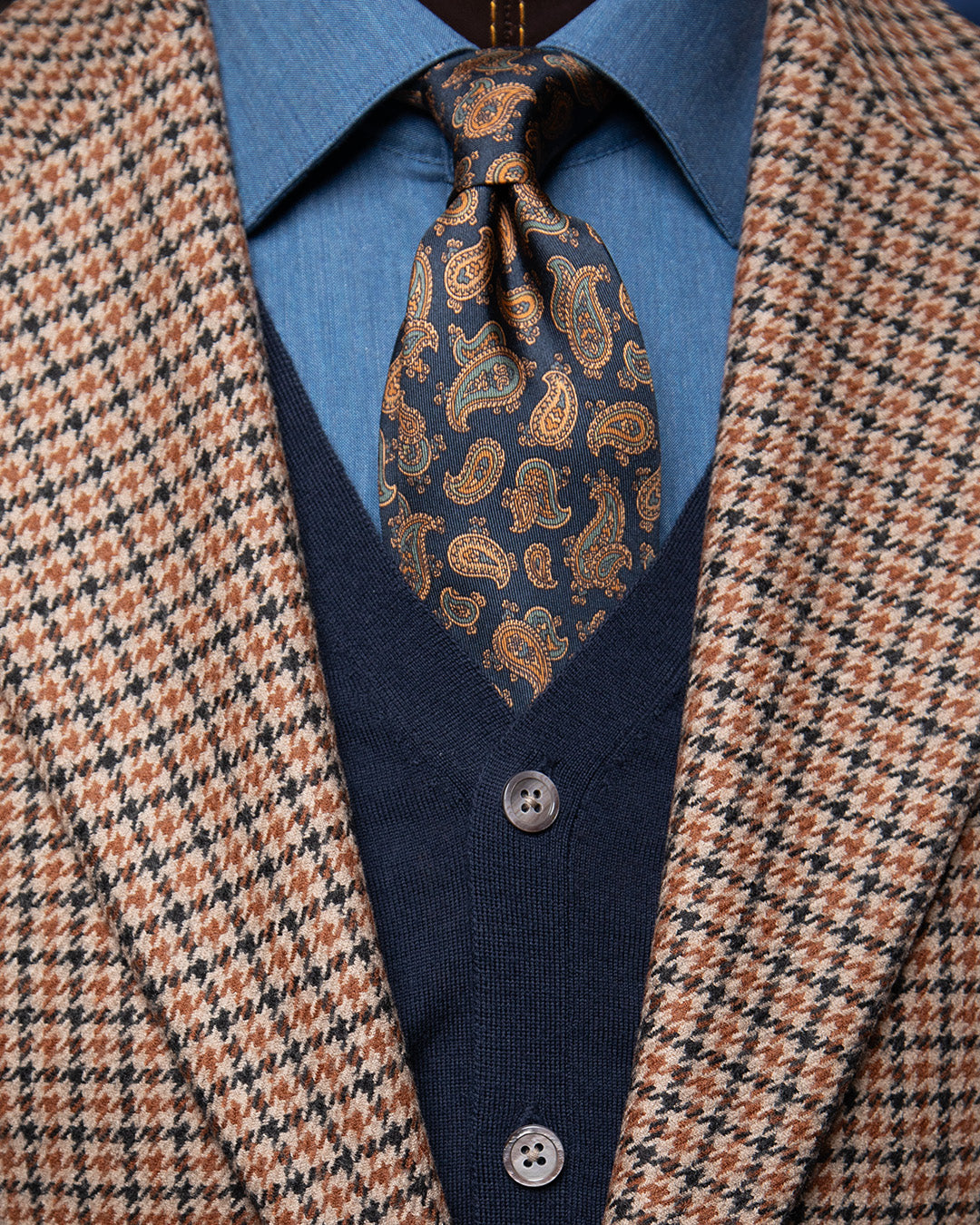 Navy Blue Tie with Light Blue and Gold Paisley Pattern