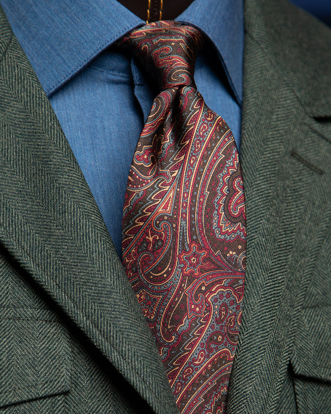 Cravatta Marrone con Paisley Rosso, Bronzo e Avio