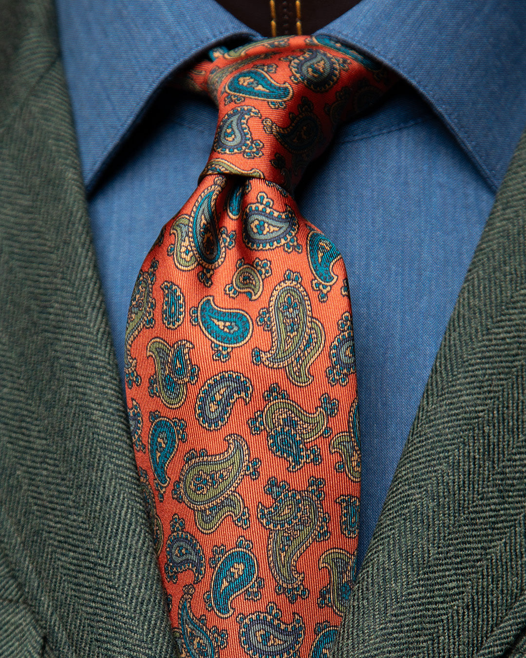 Orange Tie with Light Blue and Sage Paisley Pattern