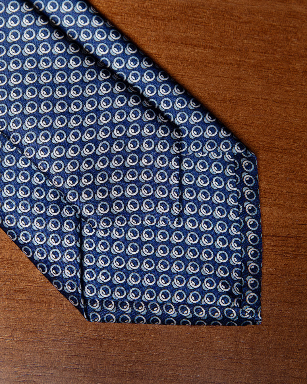 Navy Blue Tie with White and Light Blue Geometric Circle Pattern