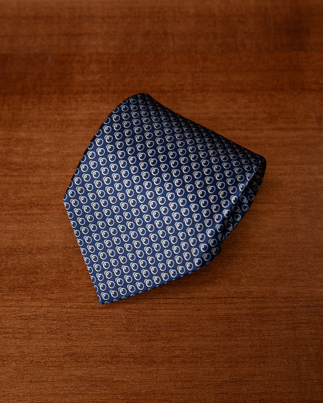 Navy Blue Tie with White and Light Blue Geometric Circle Pattern