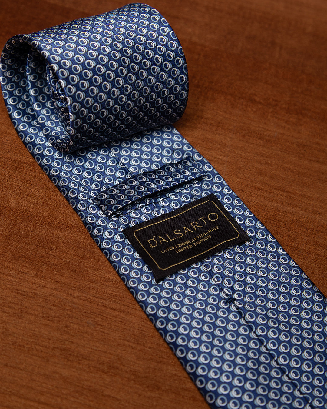 Navy Blue Tie with White and Light Blue Geometric Circle Pattern