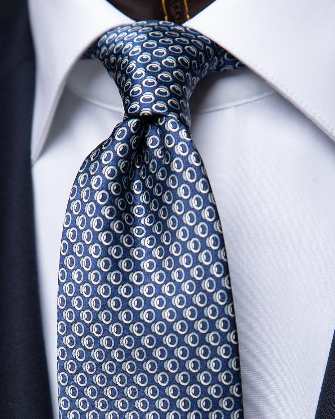 Navy Blue Tie with White and Light Blue Geometric Circle Pattern