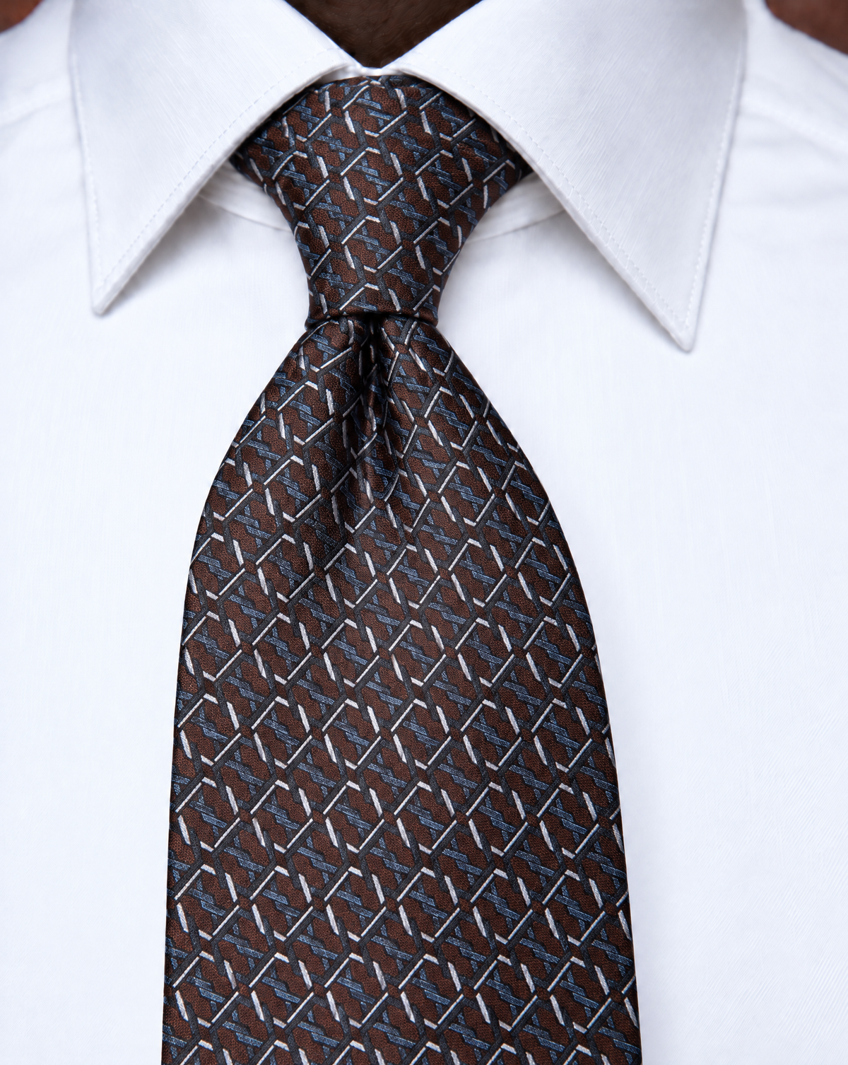 Brown and Blue Tie with Hexagonal Ring Geometry