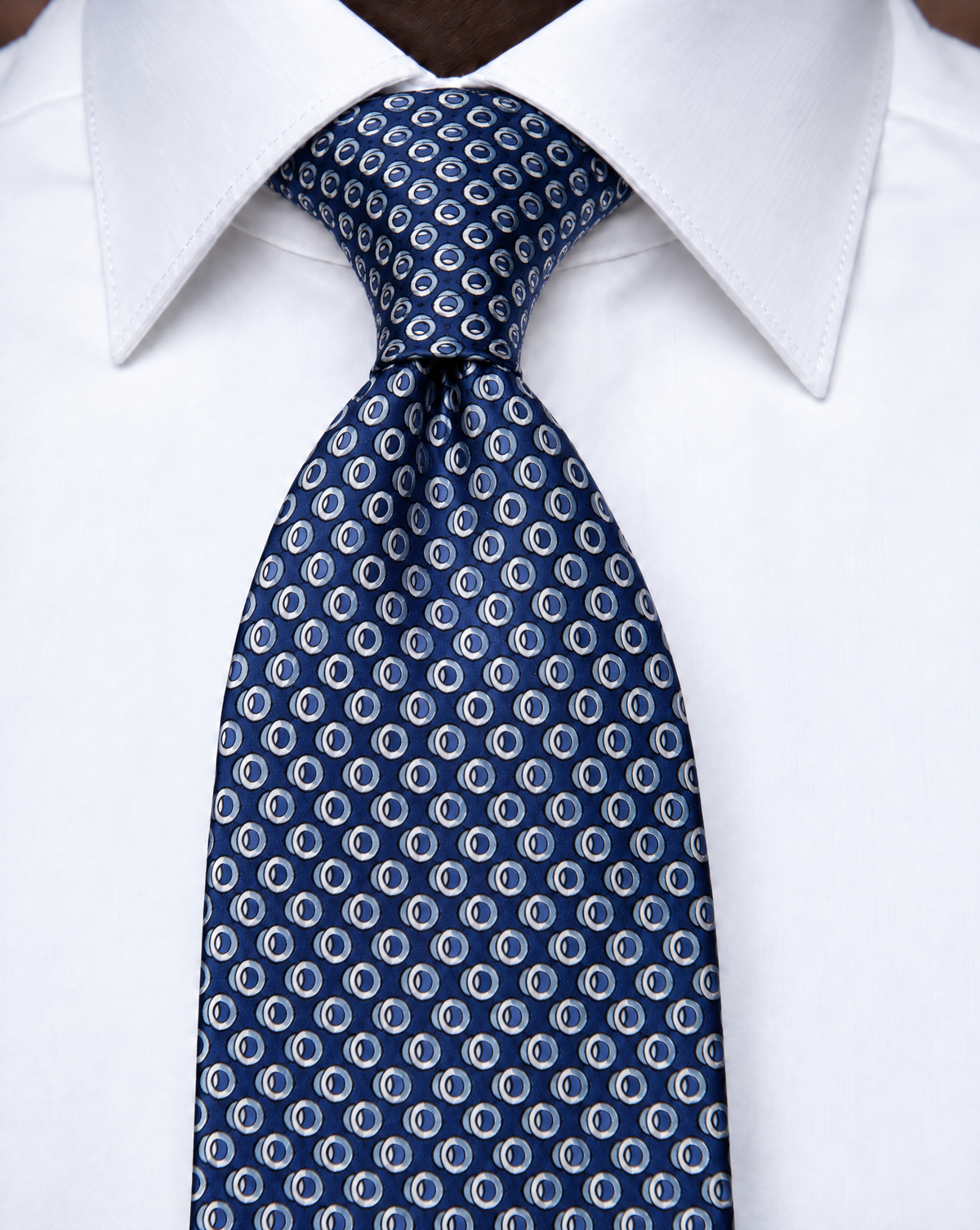 Navy Blue Tie with White and Light Blue Geometric Circle Pattern