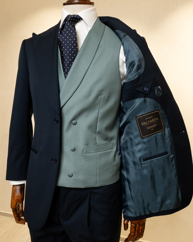 Abito Bernini Blu Grigio con Gilet Verde Menta