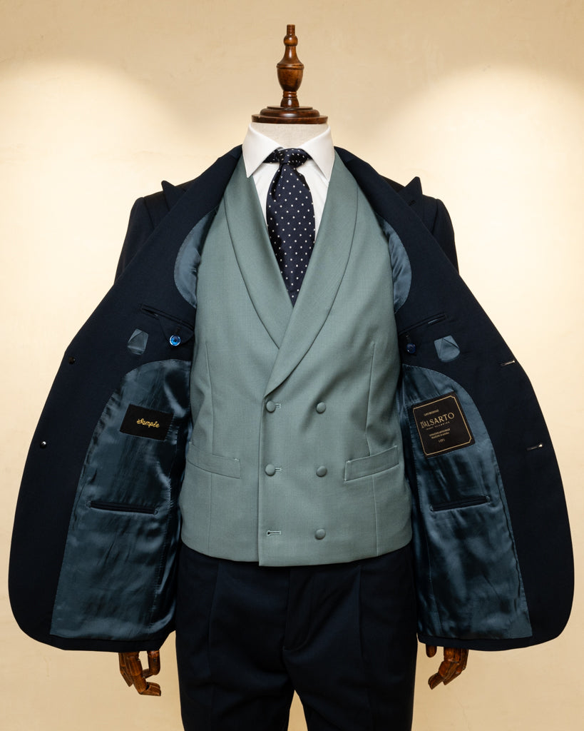 Abito Bernini Blu Grigio con Gilet Verde Menta