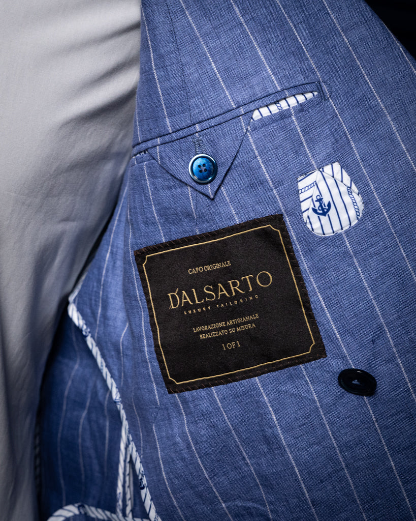Abito Canova Gessato Blu Chiaro Lino Sfoderato