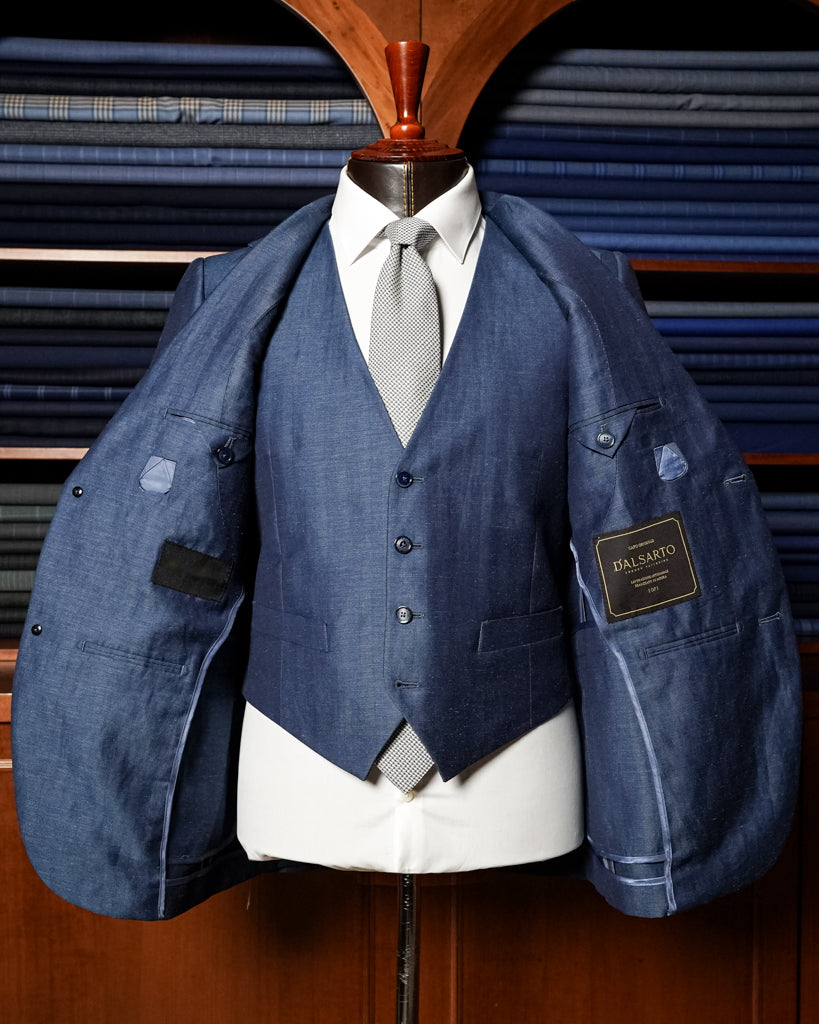 Abito Giotto Lino Blu Spinato con Gilet
