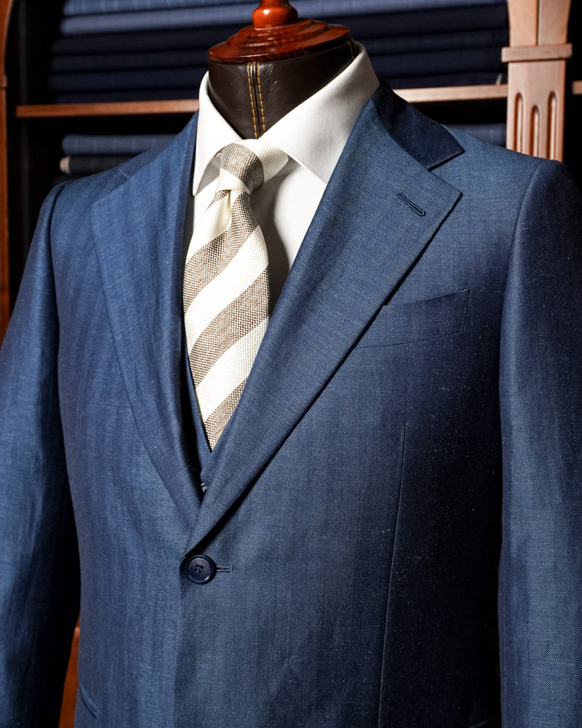 Abito Giotto Lino Blu Spinato con Gilet