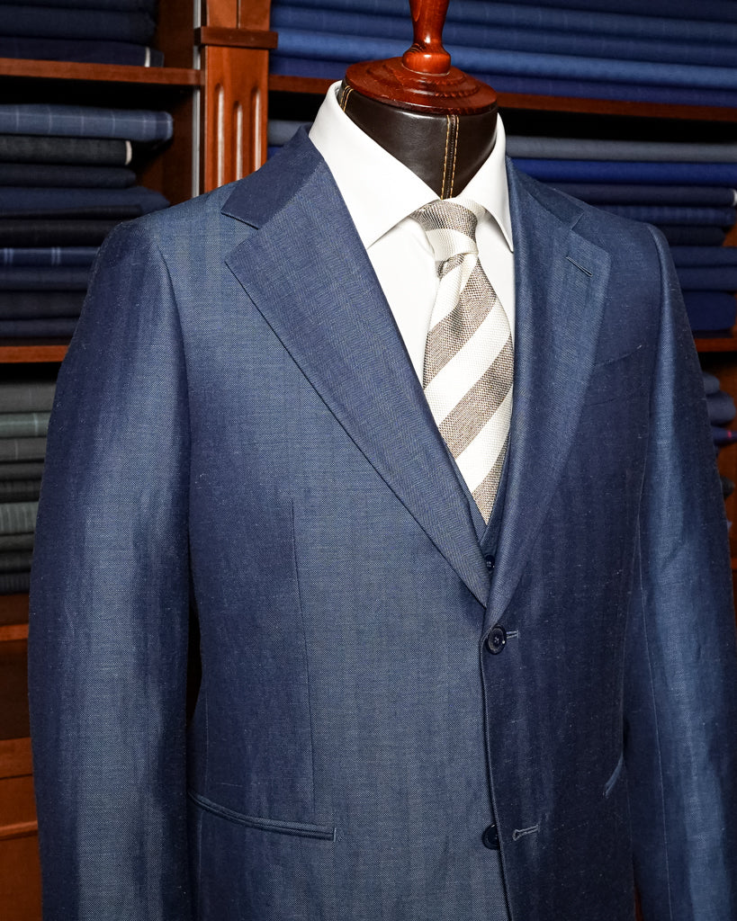 Abito Giotto Lino Blu Spinato con Gilet