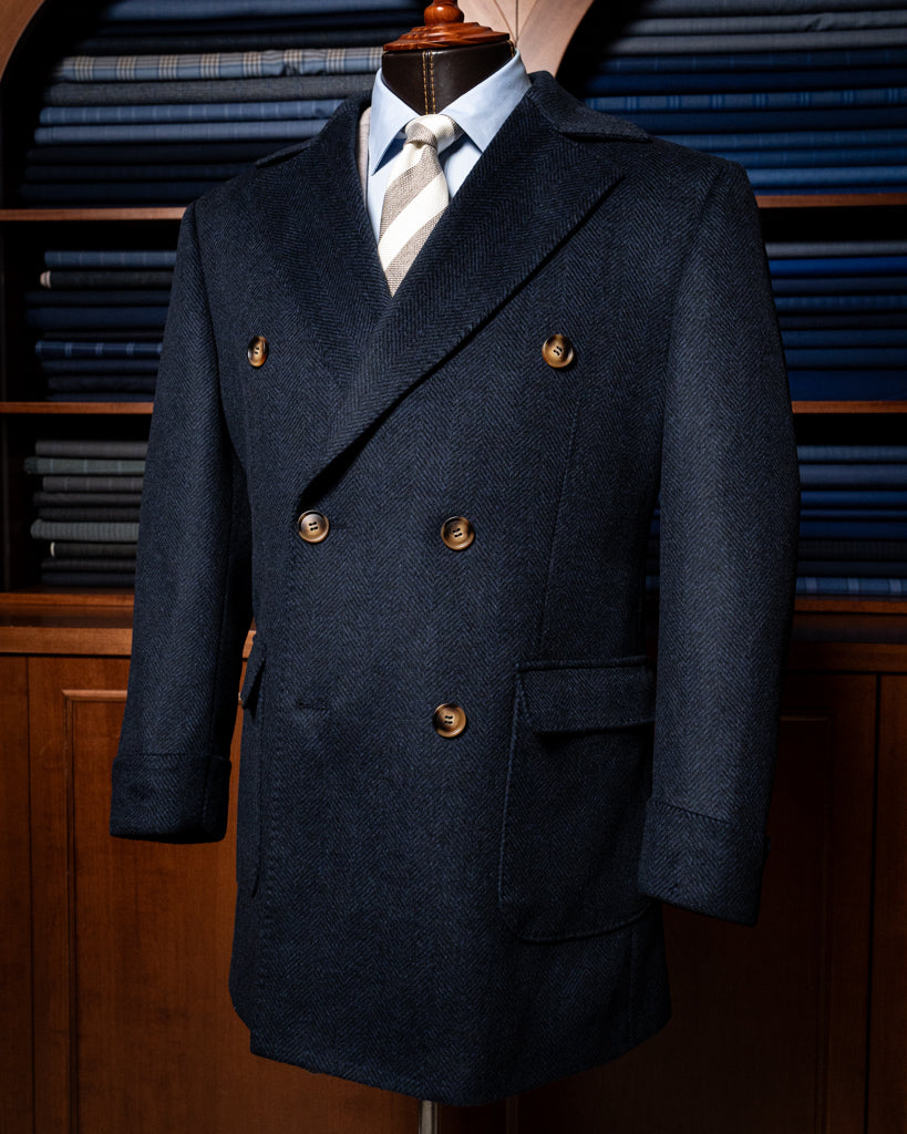 Cappotto Blu Scuro Spinato Lana Cashmere