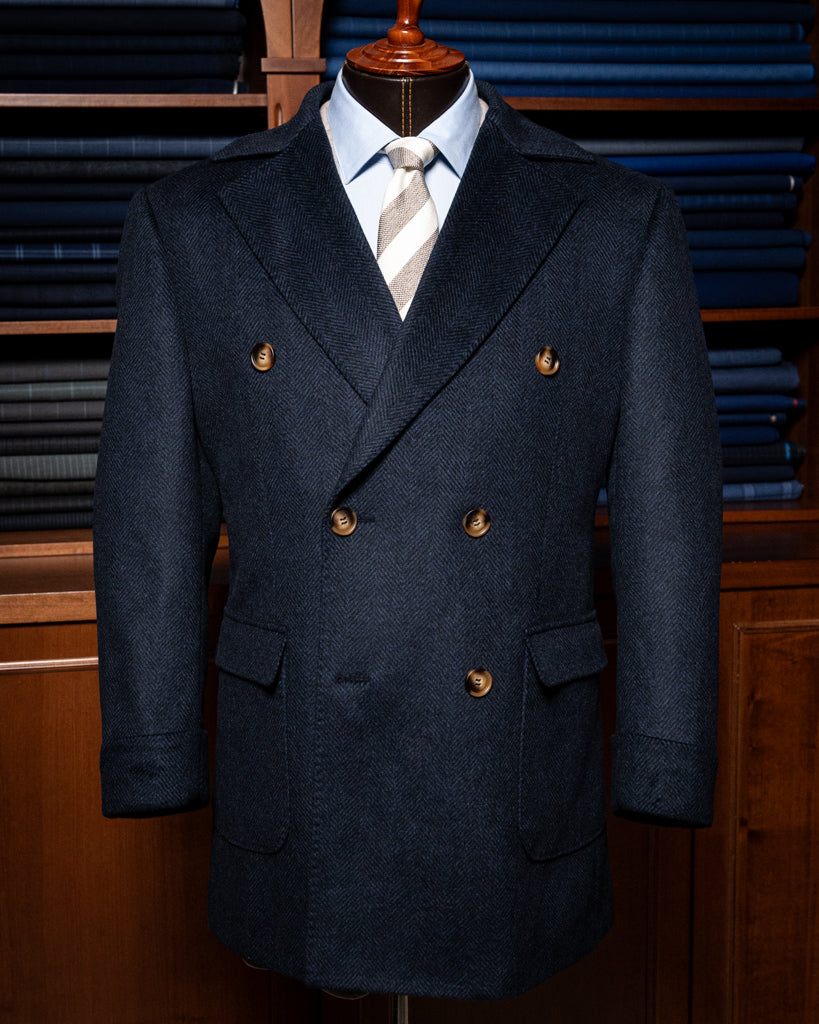 Cappotto Blu Scuro Spinato Lana Cashmere