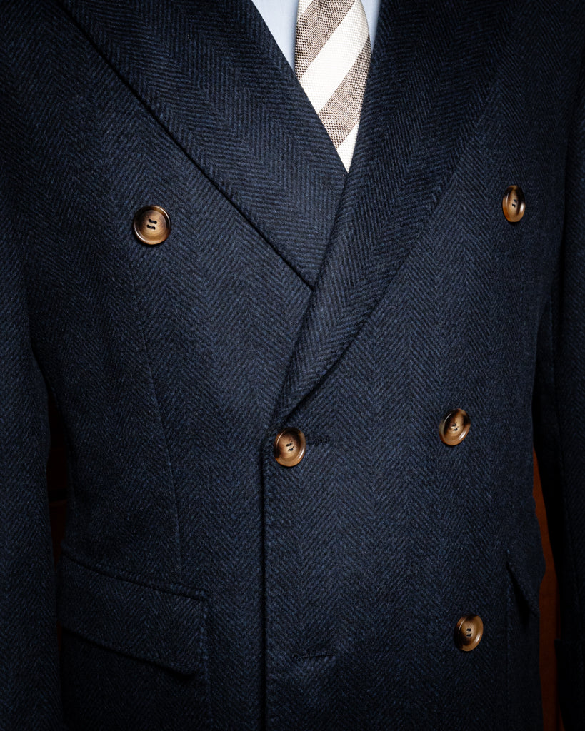 Cappotto Blu Scuro Spinato Lana Cashmere