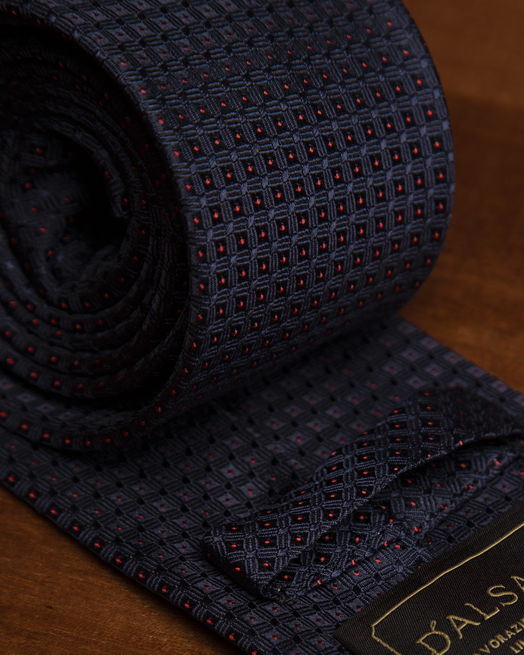 Midnight Blue Jacquard Tie with Midnight Blue Grid and Red Dots