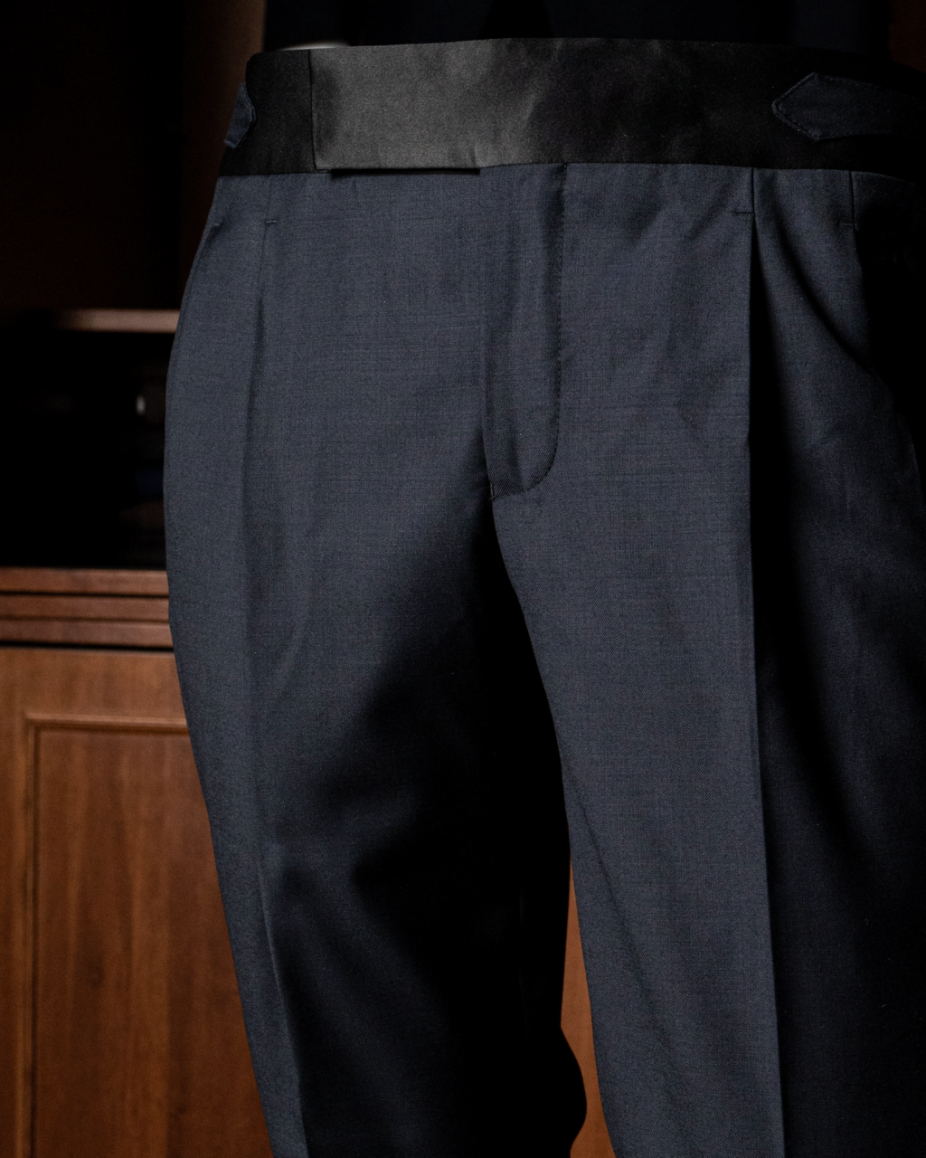 Tuxedo Pants in London Smoke Grey with Satin 