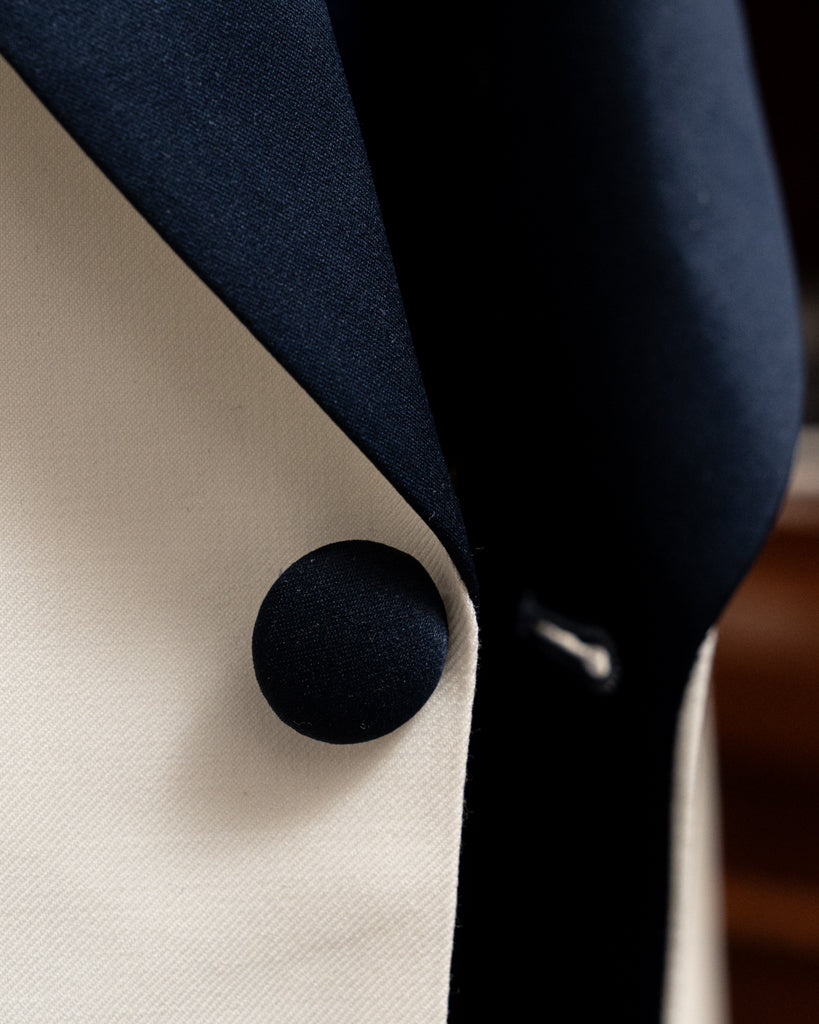 Smoking Donatello Crema con Raso Blu e Gilet Blu Cobalto