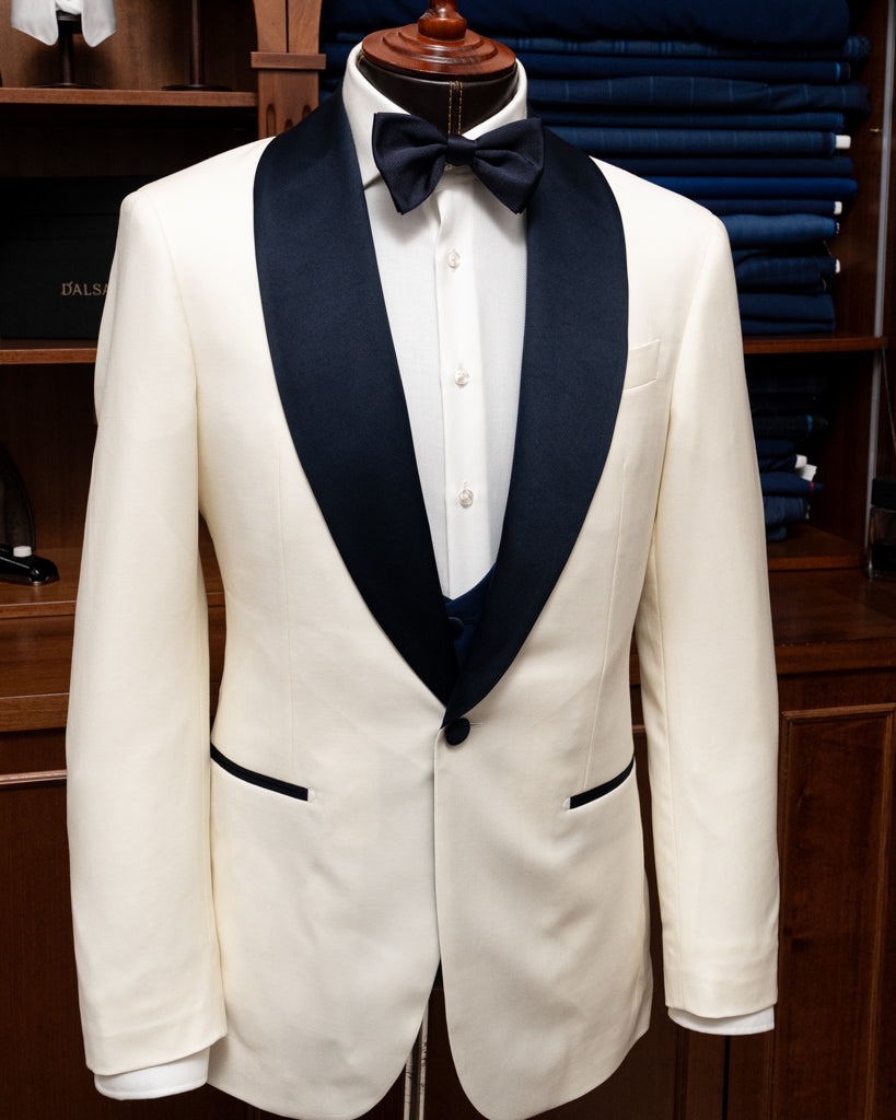Smoking Donatello Crema con Raso Blu e Gilet Blu Cobalto