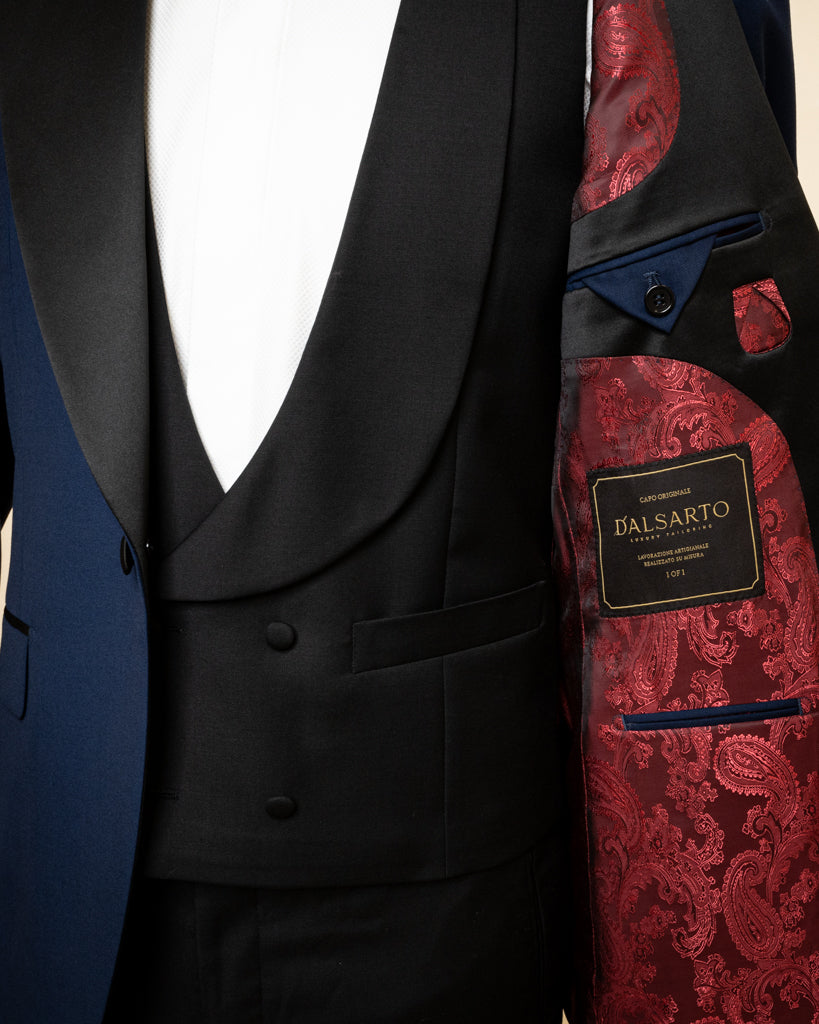 Smoking Michelangelo Blu Notte con Gilet e Pantalone Nero